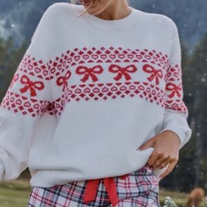 Hollister Bow Heart Fair Isle Sweater Cream Red Cozy Valentine XXL